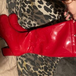 Red Patent Knee-High Block Heel Boots - Women's